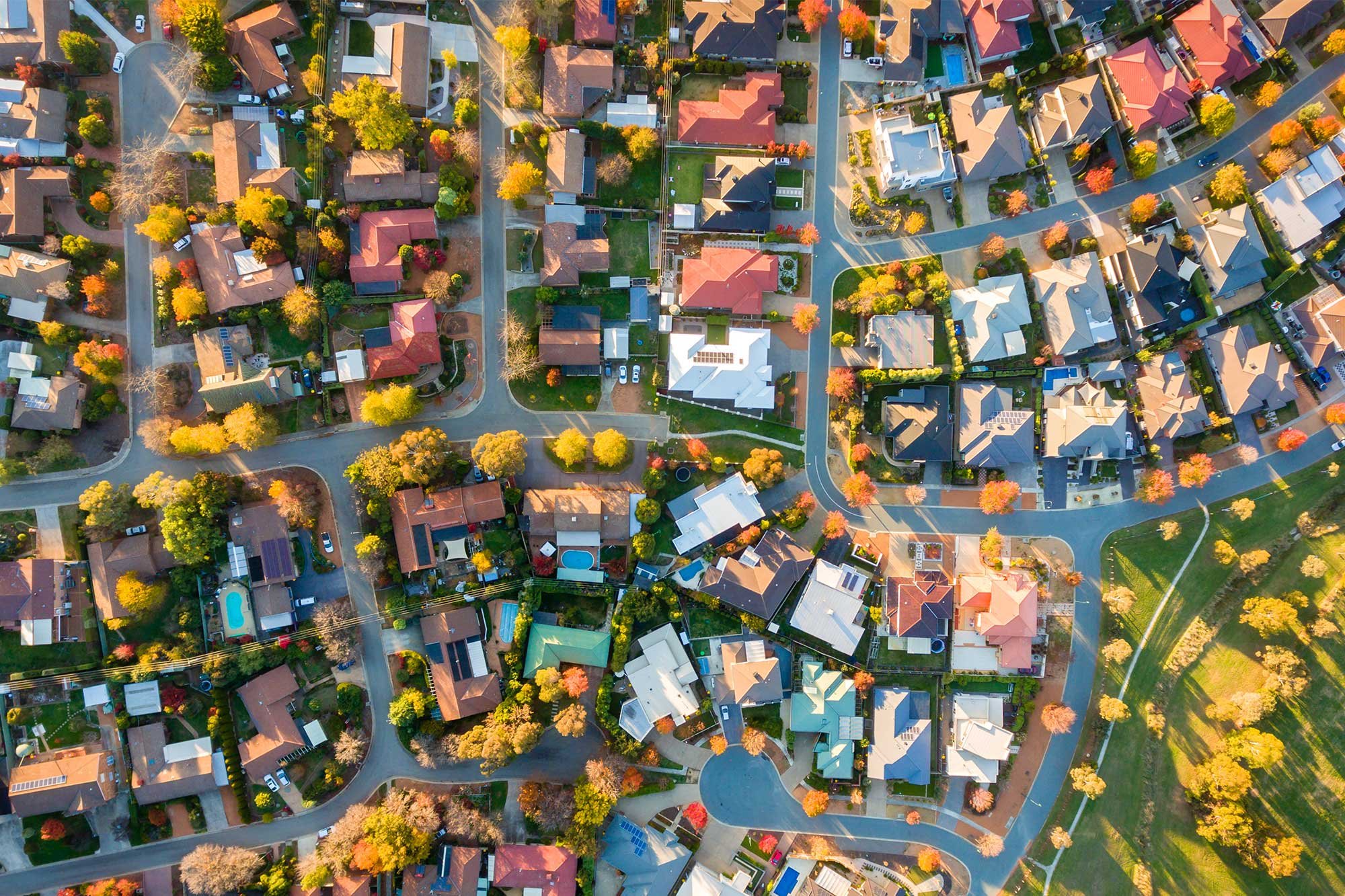 Aerial view of a neighborhood.