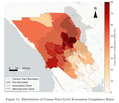 Figure 11: Distribution of Census-Tract-Level Evacuation Compliance Rates. Image from Zhao. et. al, “Estimating Wildfire Evacuation Decision and Departure Timing Using Large-Scale GPS Data,” 2021.
