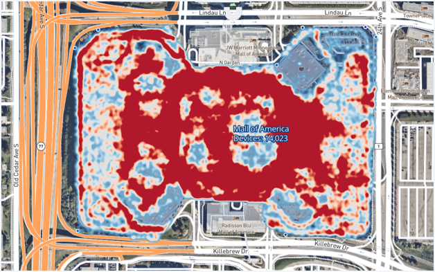 Heatmap of foot traffic concentrations in the Mall of America.