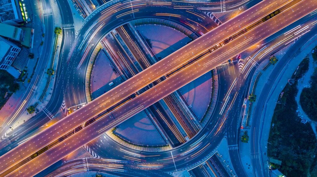 Aerial view roundabout interchange of a city, Expressway is an important infrastructure.